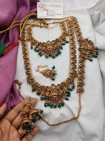 Lakshmi temple semi bridal set with green beads