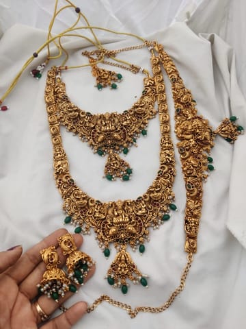 Heavy Lakshmi semi set with green beads