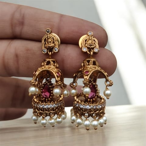 Cz pink temple Jhumka